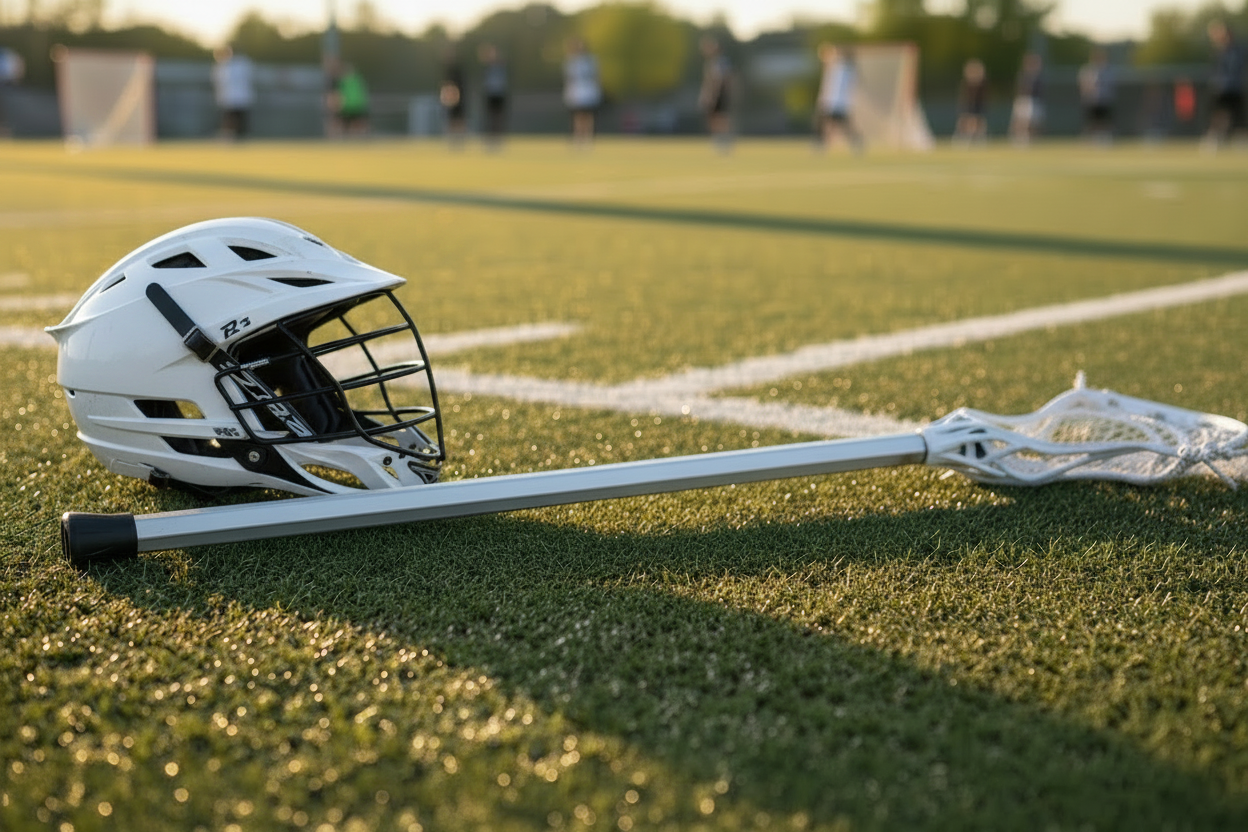 Lacrosse Stick and White Helmet on Field